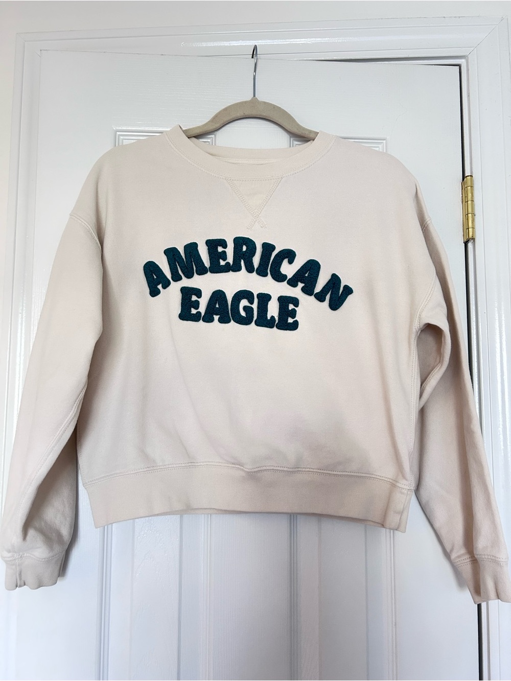 American Eagle Outfitters Cream Sweatshirt with Dark Teal Logo - XS